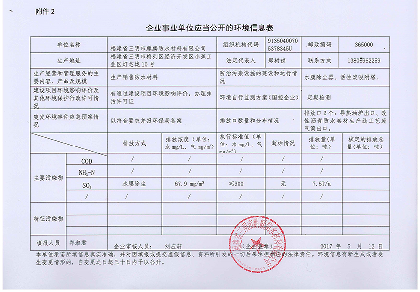 福建省三明市麒麟防水材料有限公司環(huán)境信息表